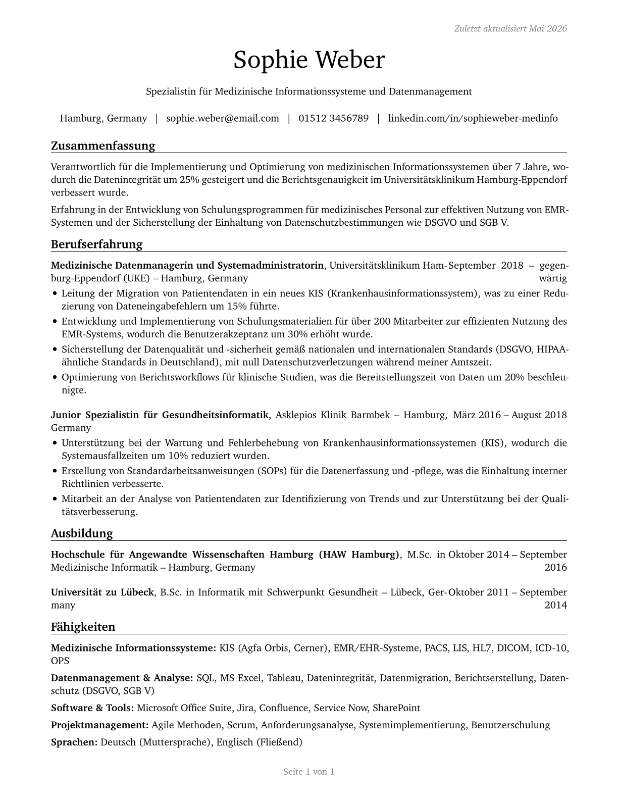 Health Information Technologists and Medical Registrars CV in German — page 1