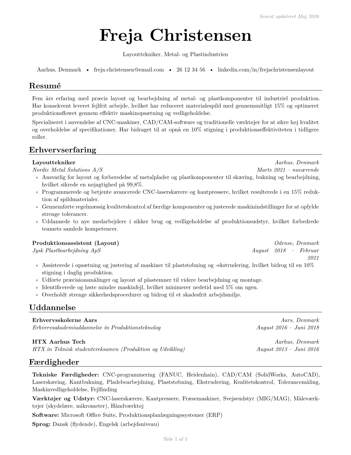 Layout Workers, Metal and Plastic CV in Danish — page 1