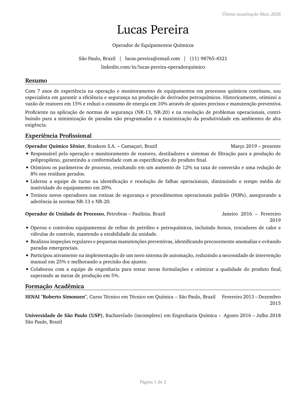 Chemical Equipment Operators and Tenders CV in Portuguese — page 1