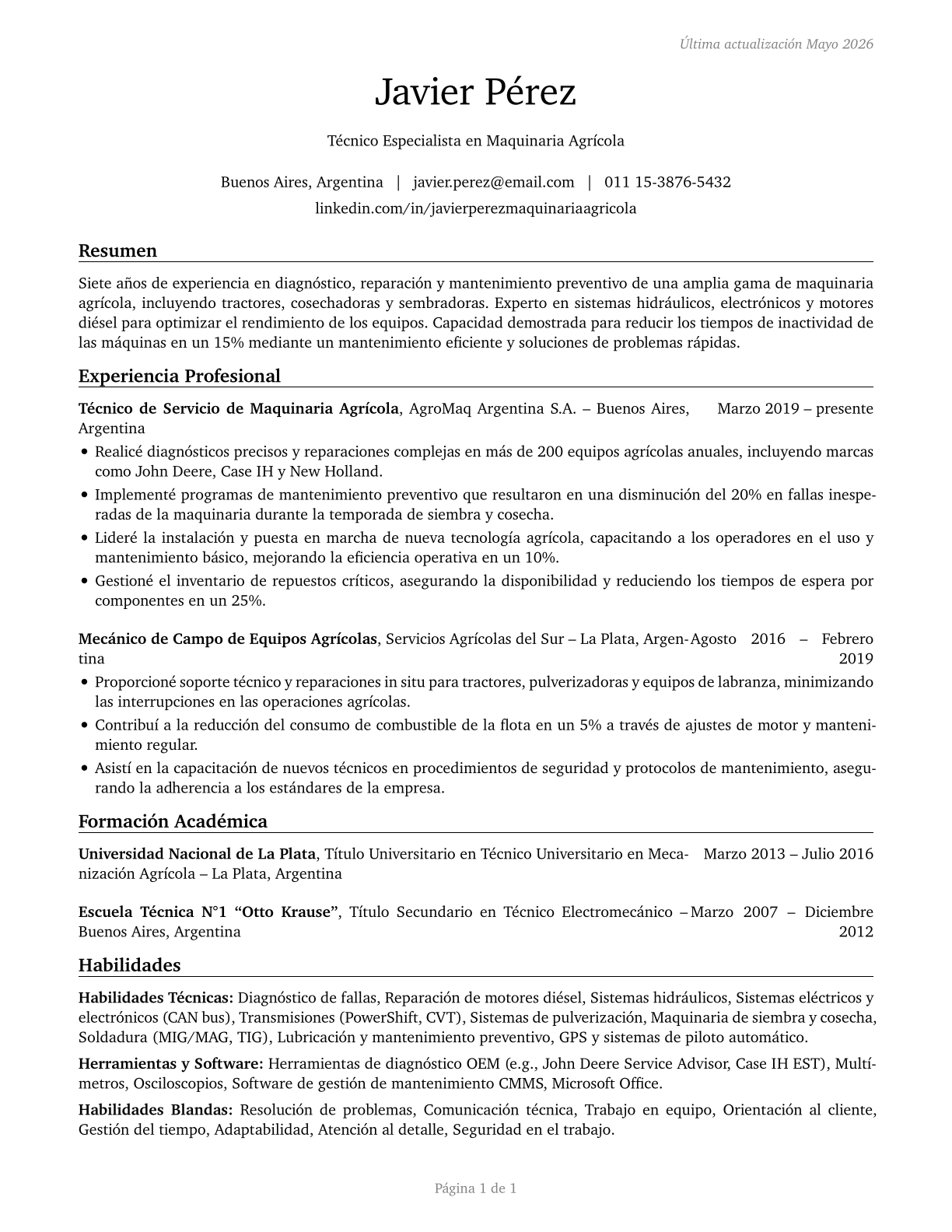 Farm Equipment Mechanics and Service Technicians CV in Spanish — page 1