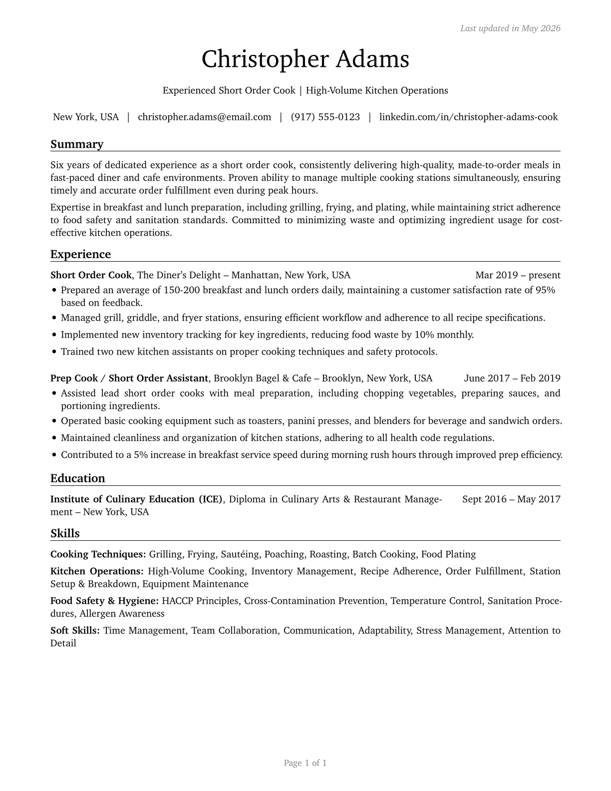 Cooks, Short Order CV in English — page 1