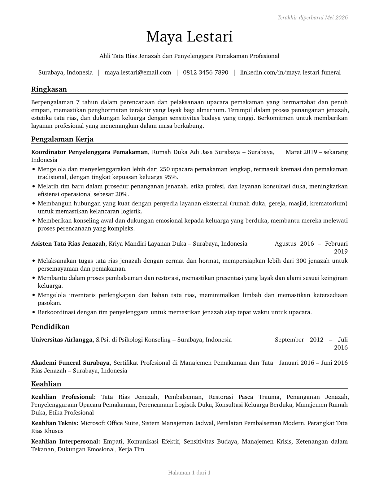 Morticians, Undertakers, and Funeral Arrangers CV in Indonesian — page 1