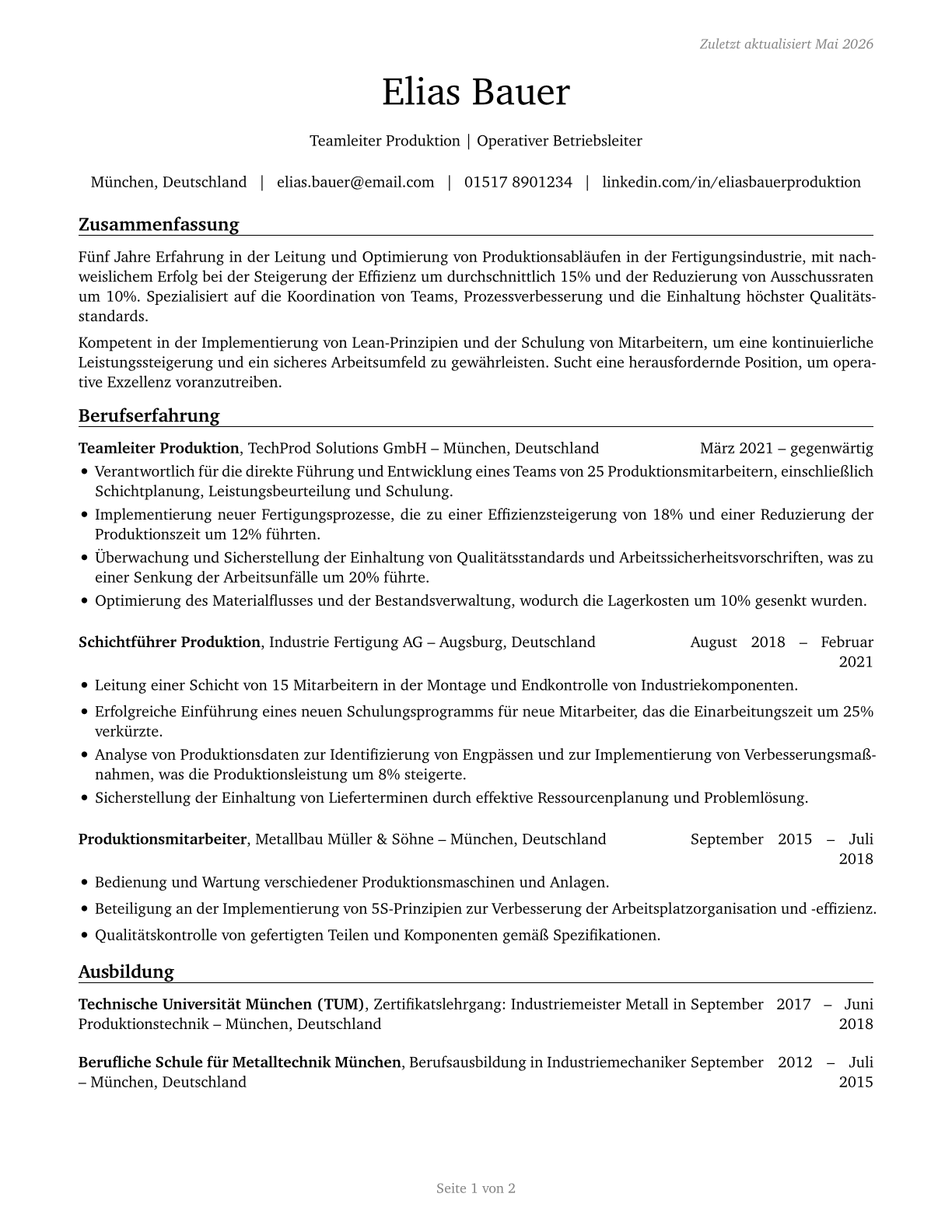 First-Line Supervisors of Production and Operating Workers CV in German — page 1