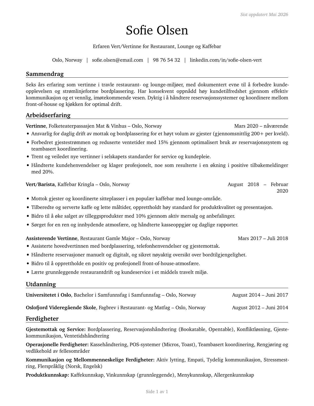 Hosts and Hostesses, Restaurant, Lounge, and Coffee Shop CV in Norwegian_bokmal — page 1
