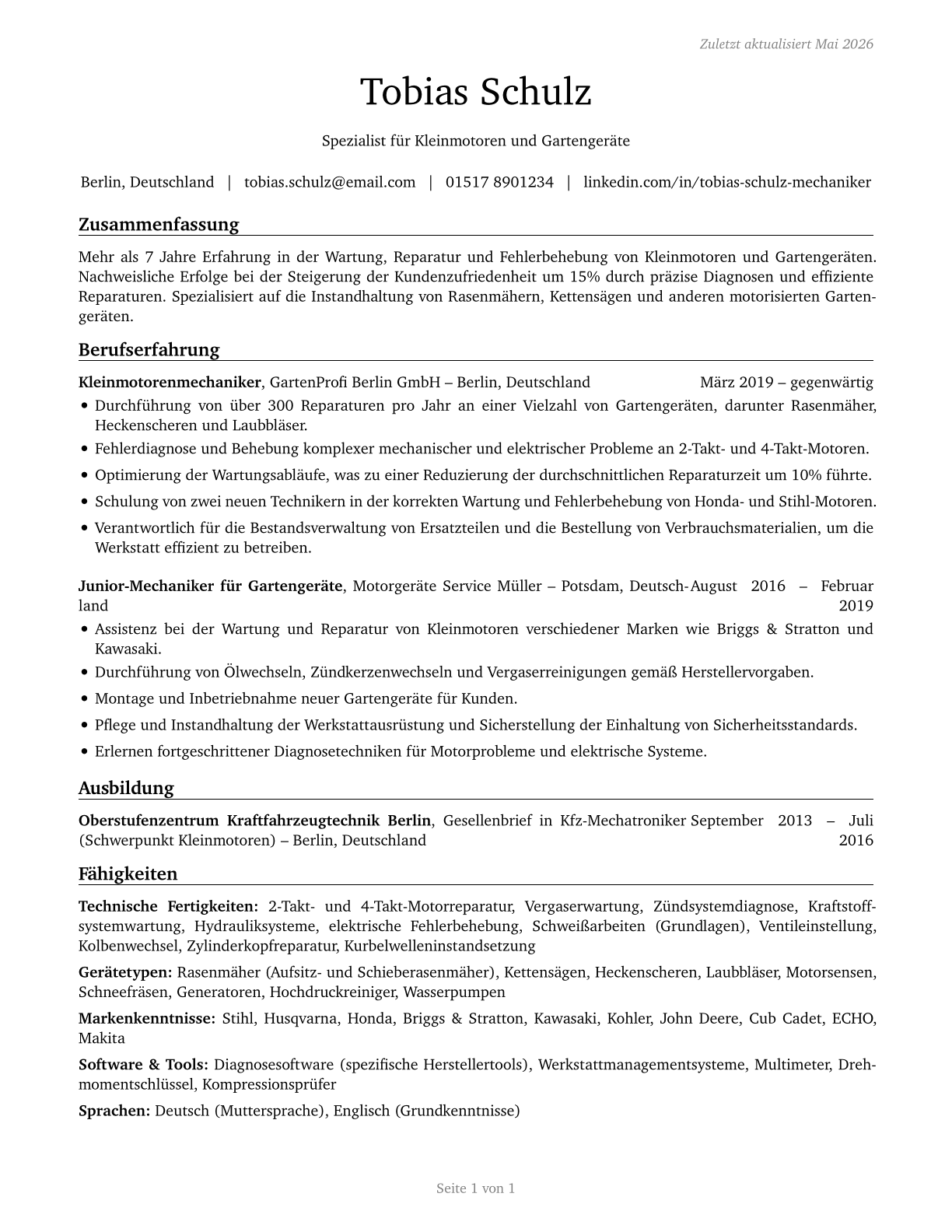 Outdoor Power Equipment and Other Small Engine Mechanics CV in German — page 1