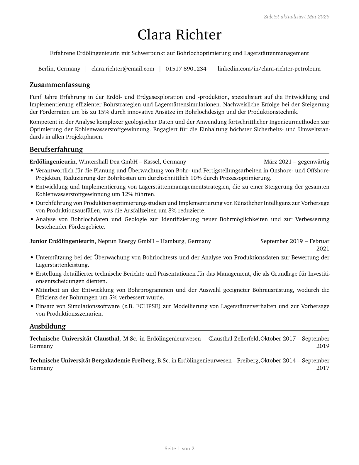 Petroleum Engineers CV in German — page 1