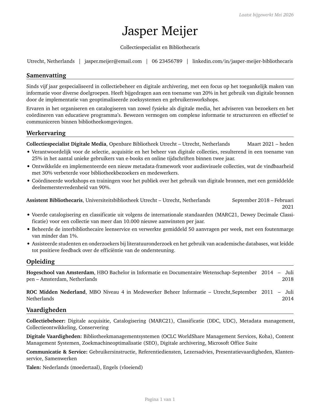 Librarians and Media Collections Specialists CV in Dutch — page 1