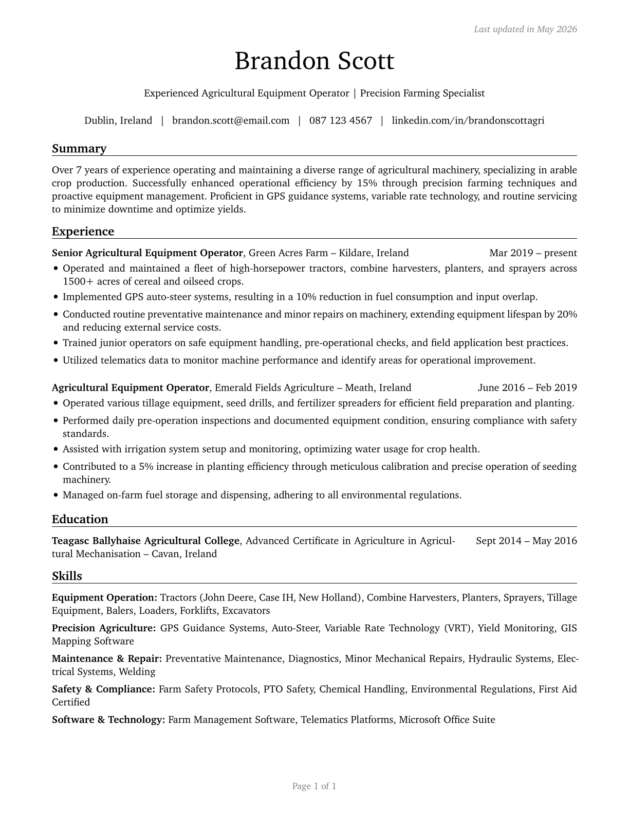 Agricultural Equipment Operators CV in English — page 1