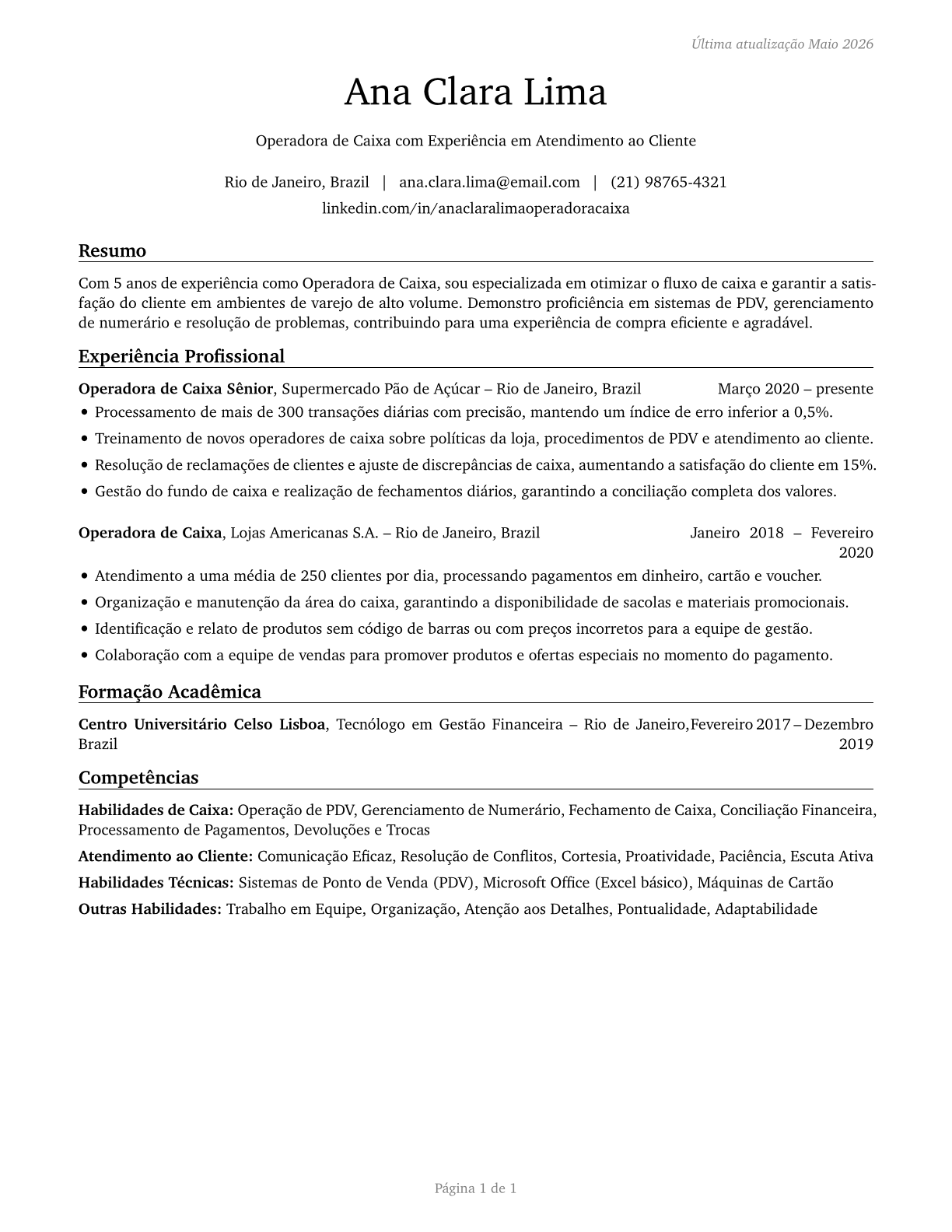 Cashiers CV in Portuguese — page 1