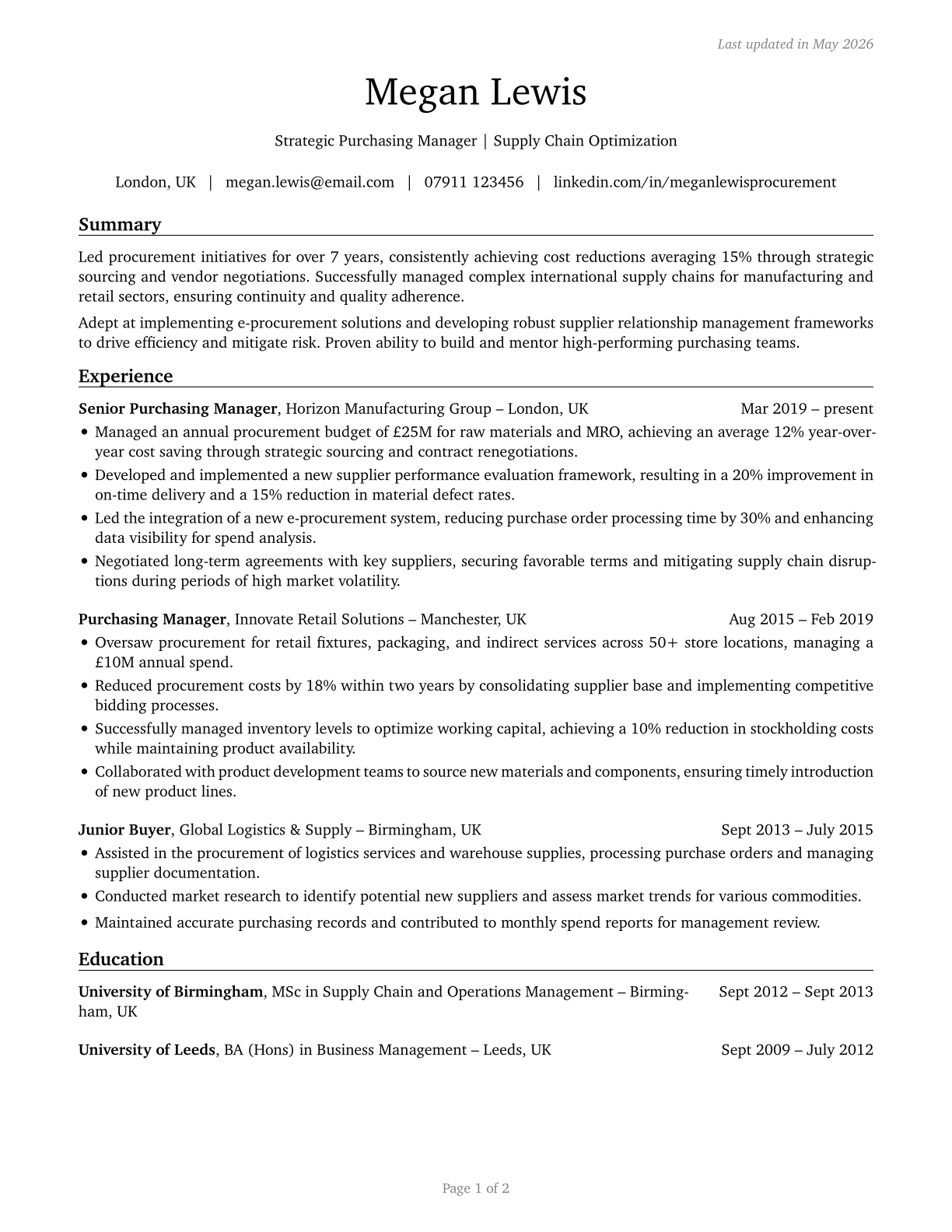 Purchasing Managers CV in English — page 1