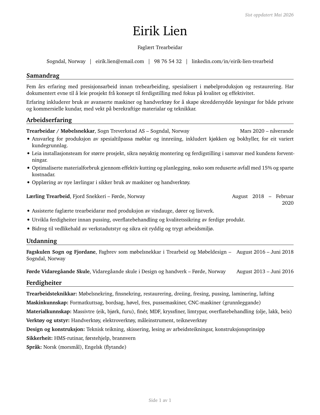 Woodworkers, All Other CV in Norwegian_nynorsk — page 1