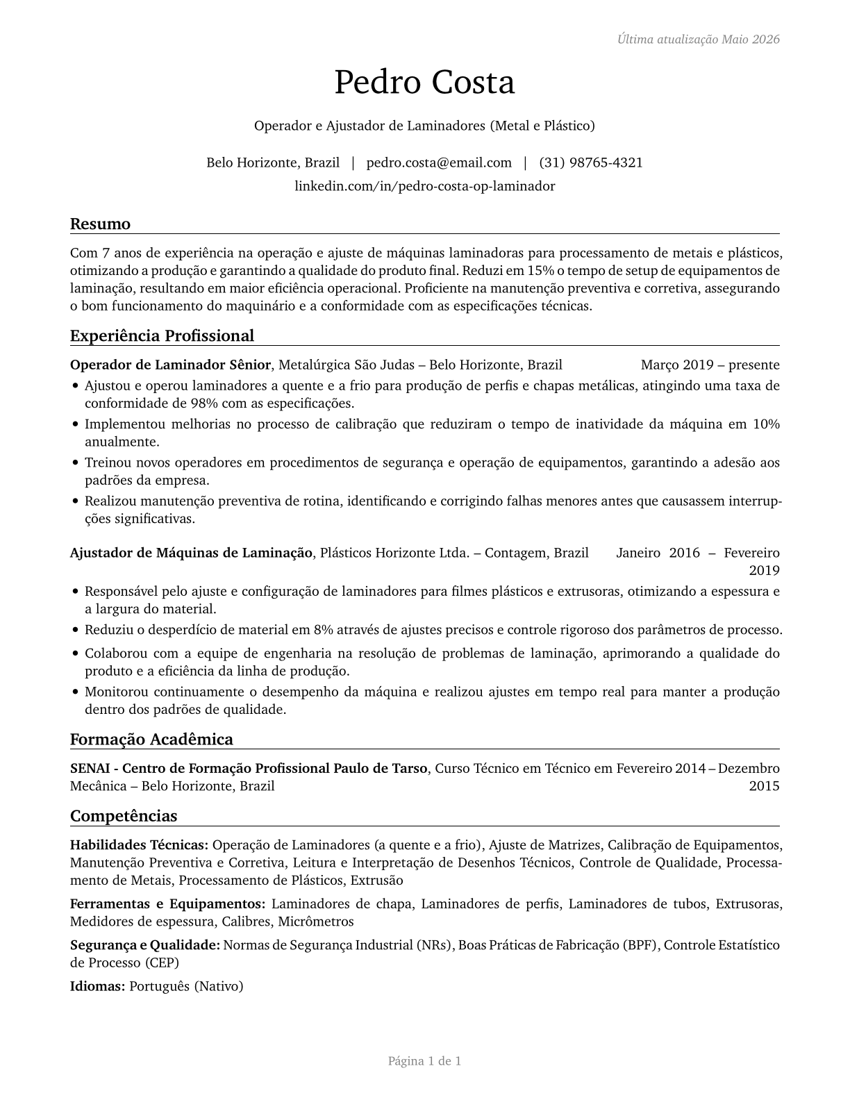 Rolling Machine Setters, Operators, and Tenders, Metal and Plastic CV in Portuguese — page 1