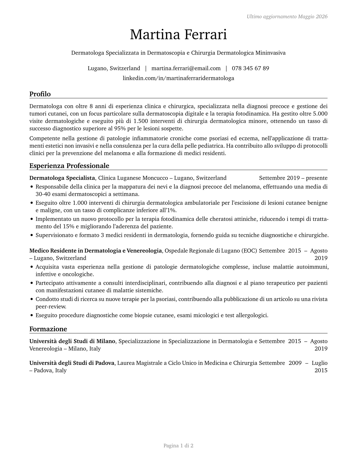 Dermatologists CV in Italian — page 1