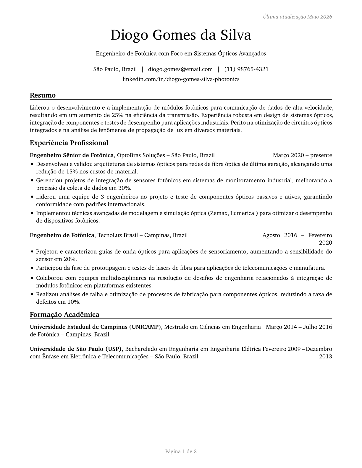 Photonics Engineers CV in Portuguese — page 1