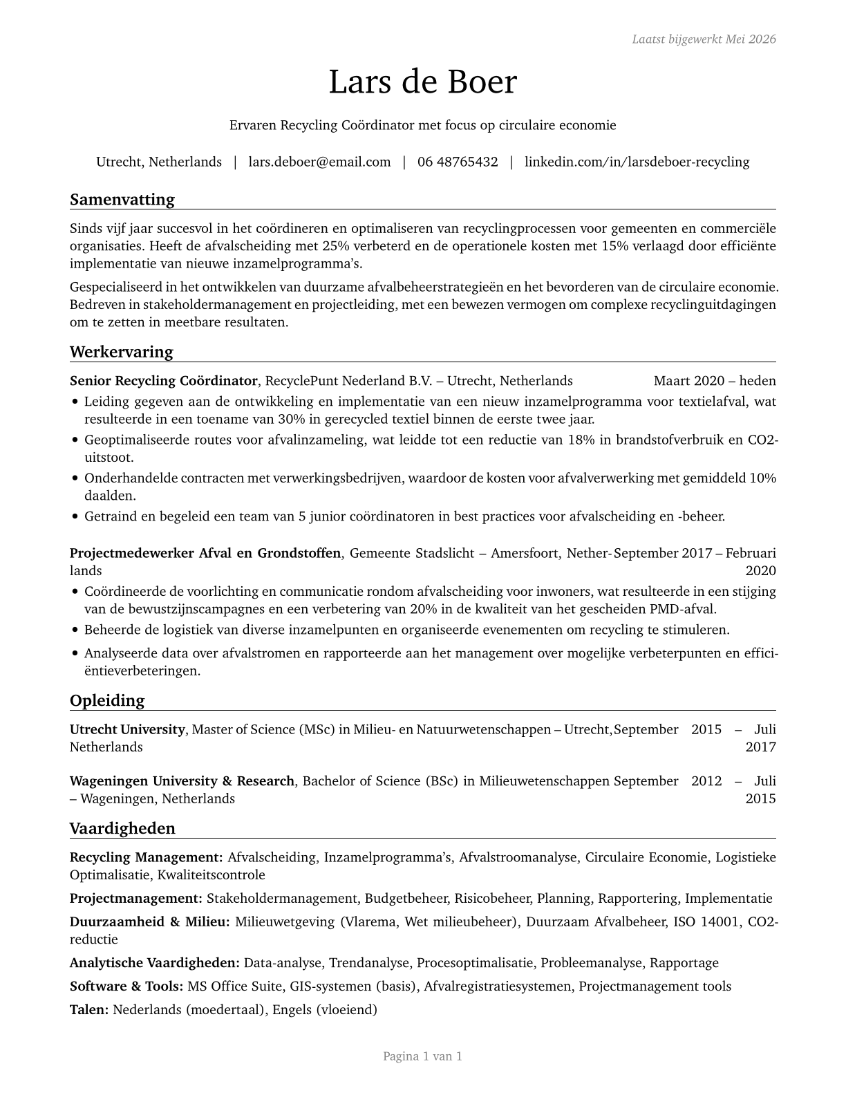 Recycling Coordinators CV in Dutch — page 1