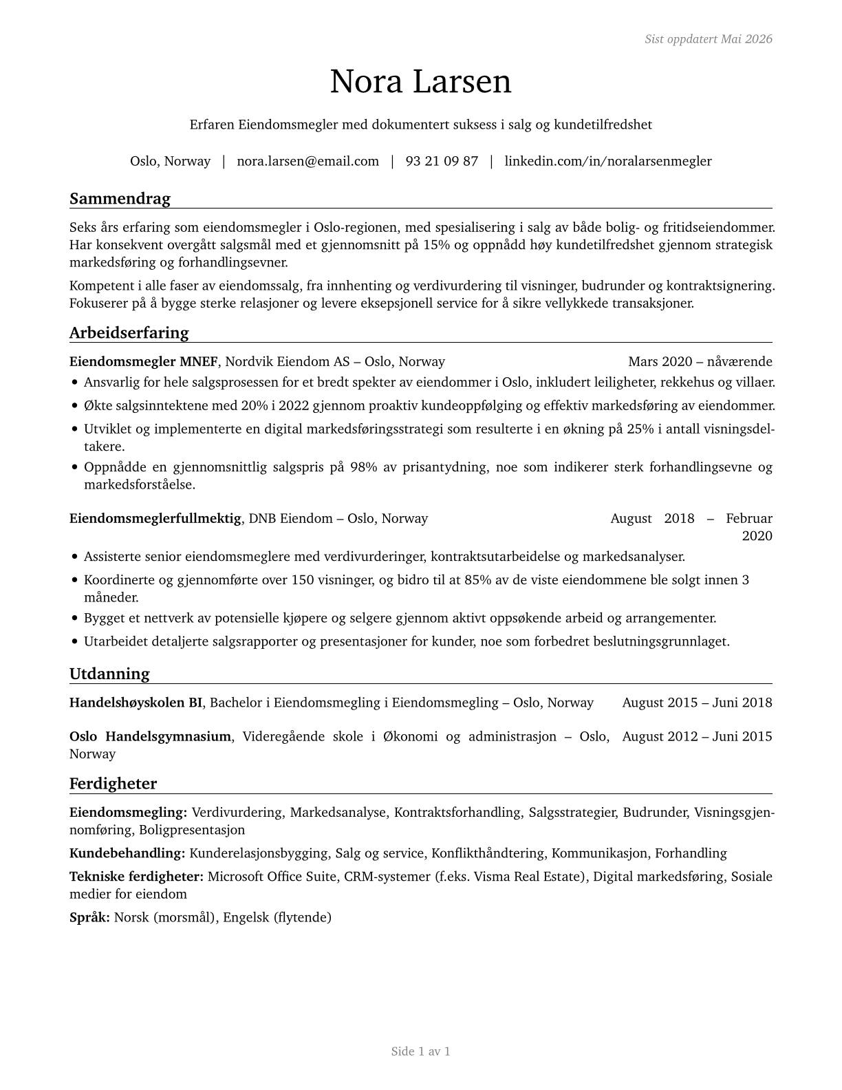Real Estate Sales Agents CV in Norwegian_bokmal — page 1