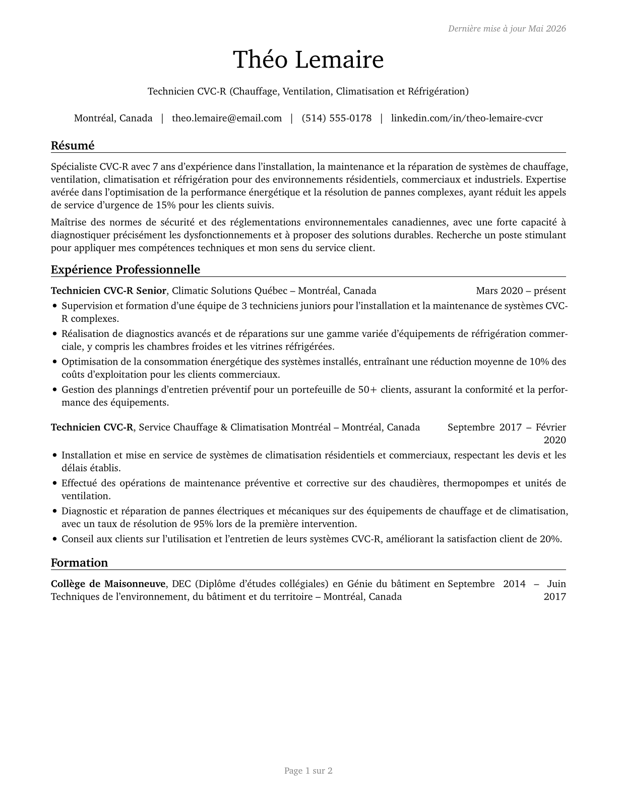Heating, Air Conditioning, and Refrigeration Mechanics and Installers CV in French — page 1