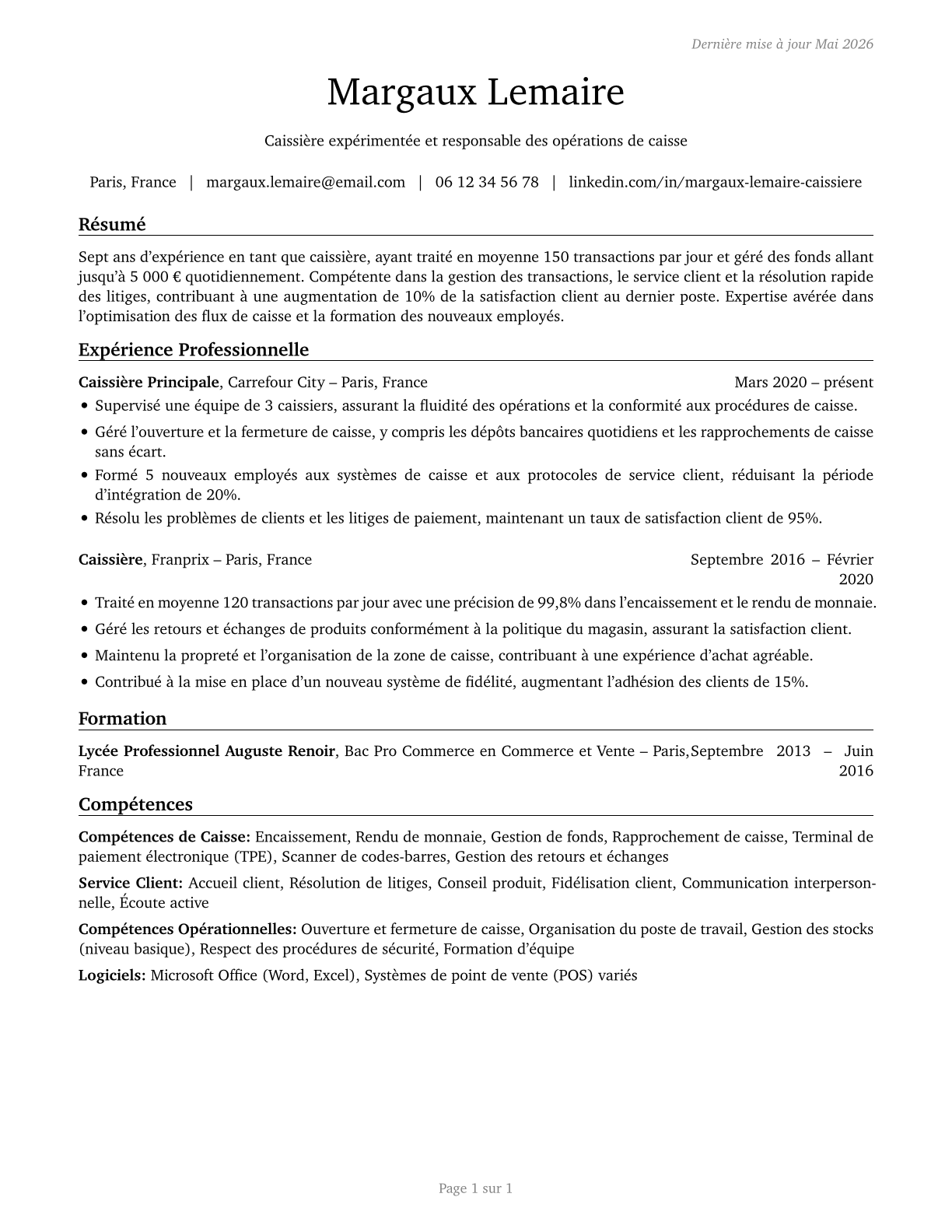 Cashiers CV in French — page 1