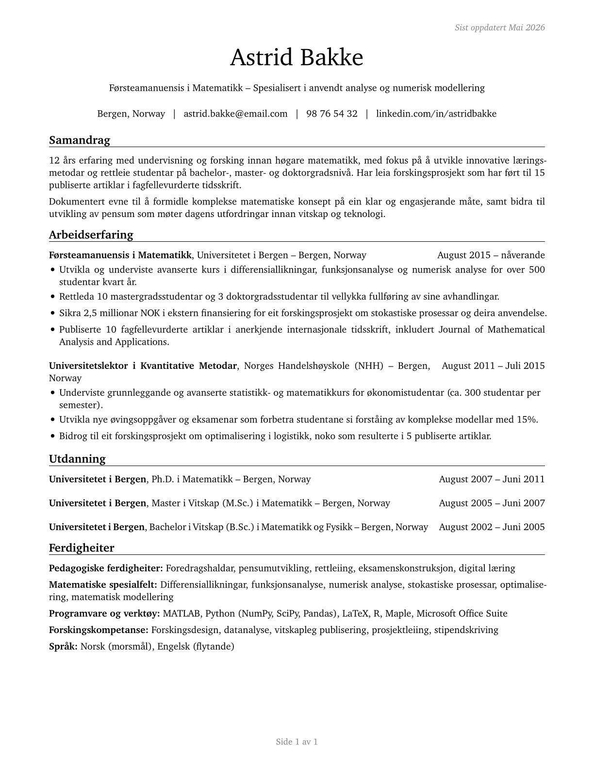 Mathematical Science Teachers, Postsecondary CV in Norwegian_nynorsk — page 1