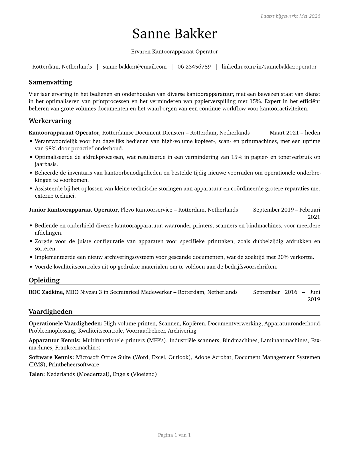 Office Machine Operators, Except Computer CV in Dutch — page 1