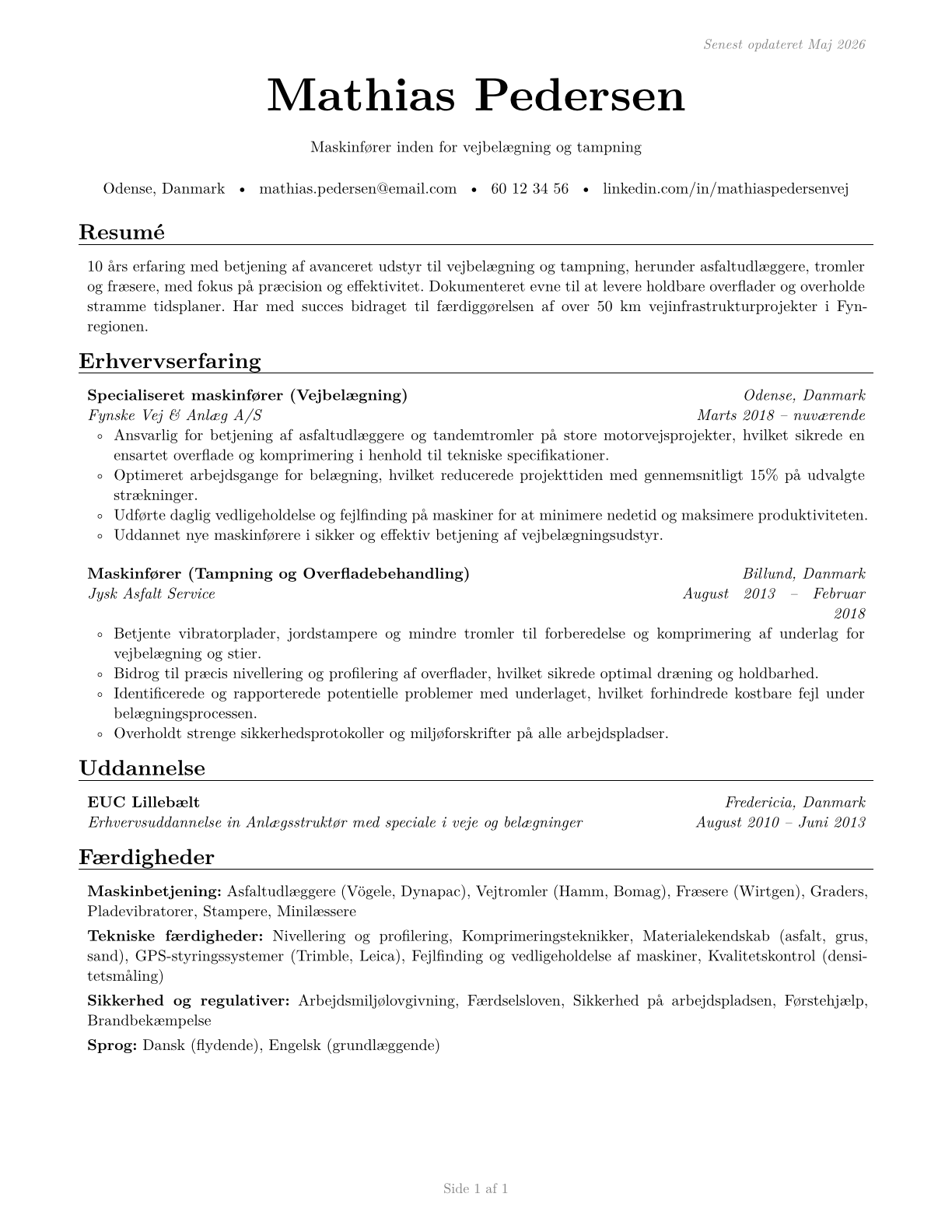 Paving, Surfacing, and Tamping Equipment Operators CV in Danish — page 1