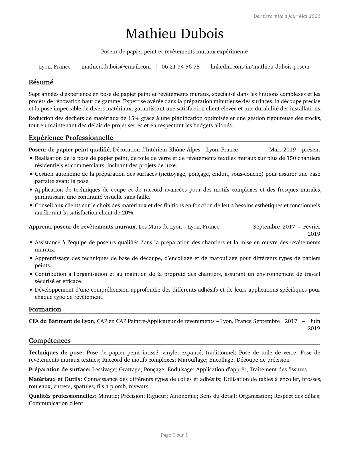 Paperhangers CV in French — page 1