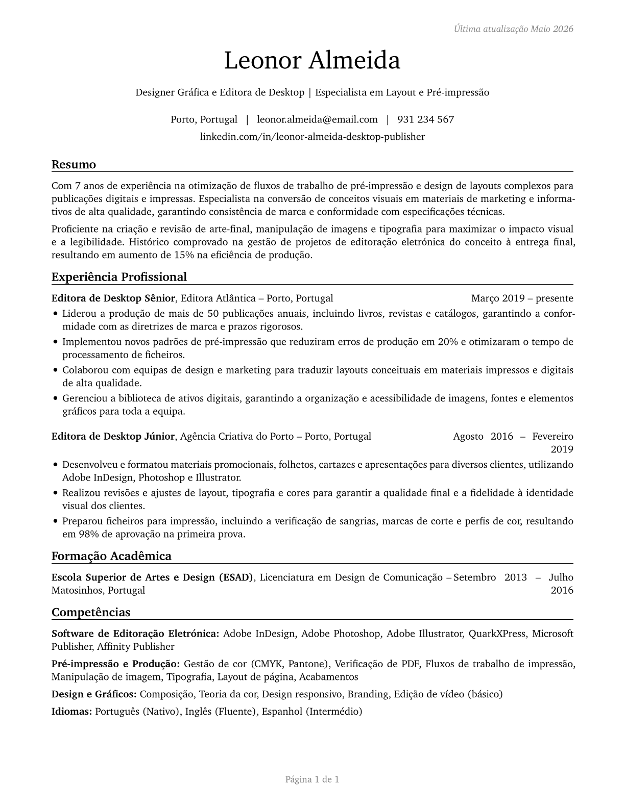 Desktop Publishers CV in Portuguese — page 1
