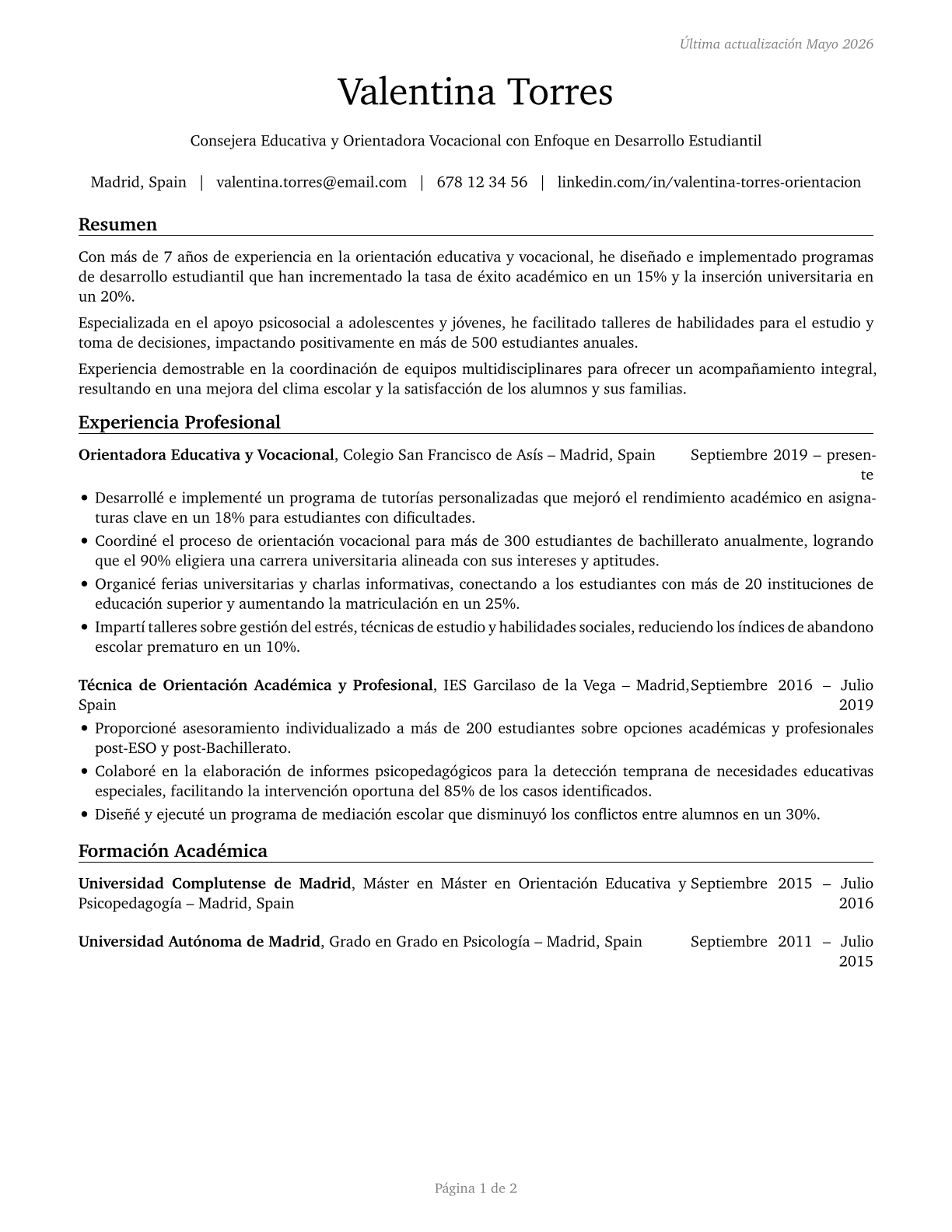 Educational, Guidance, and Career Counselors and Advisors CV in Spanish — page 1