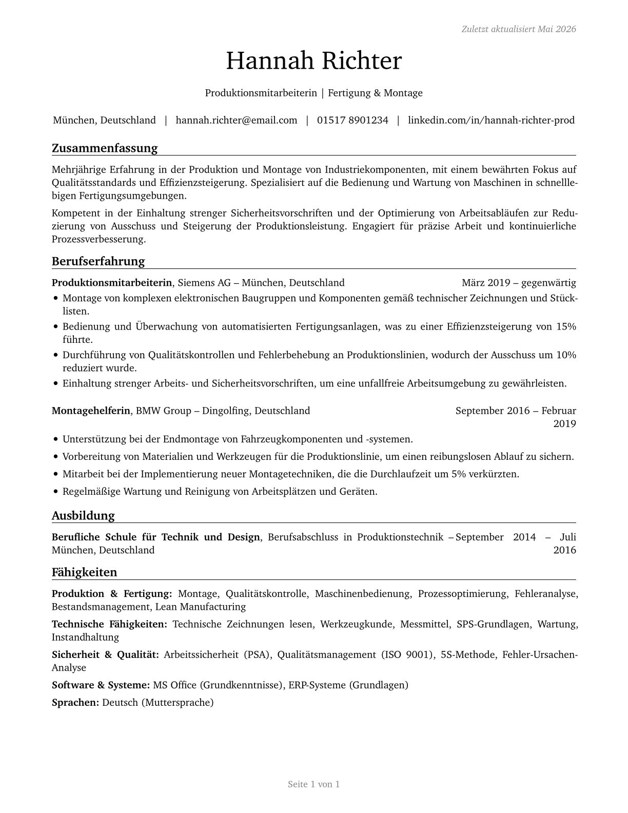 Production Workers, All Other CV in German — page 1