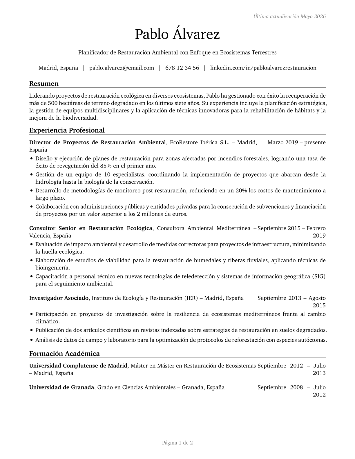 Environmental Restoration Planners CV in Spanish — page 1