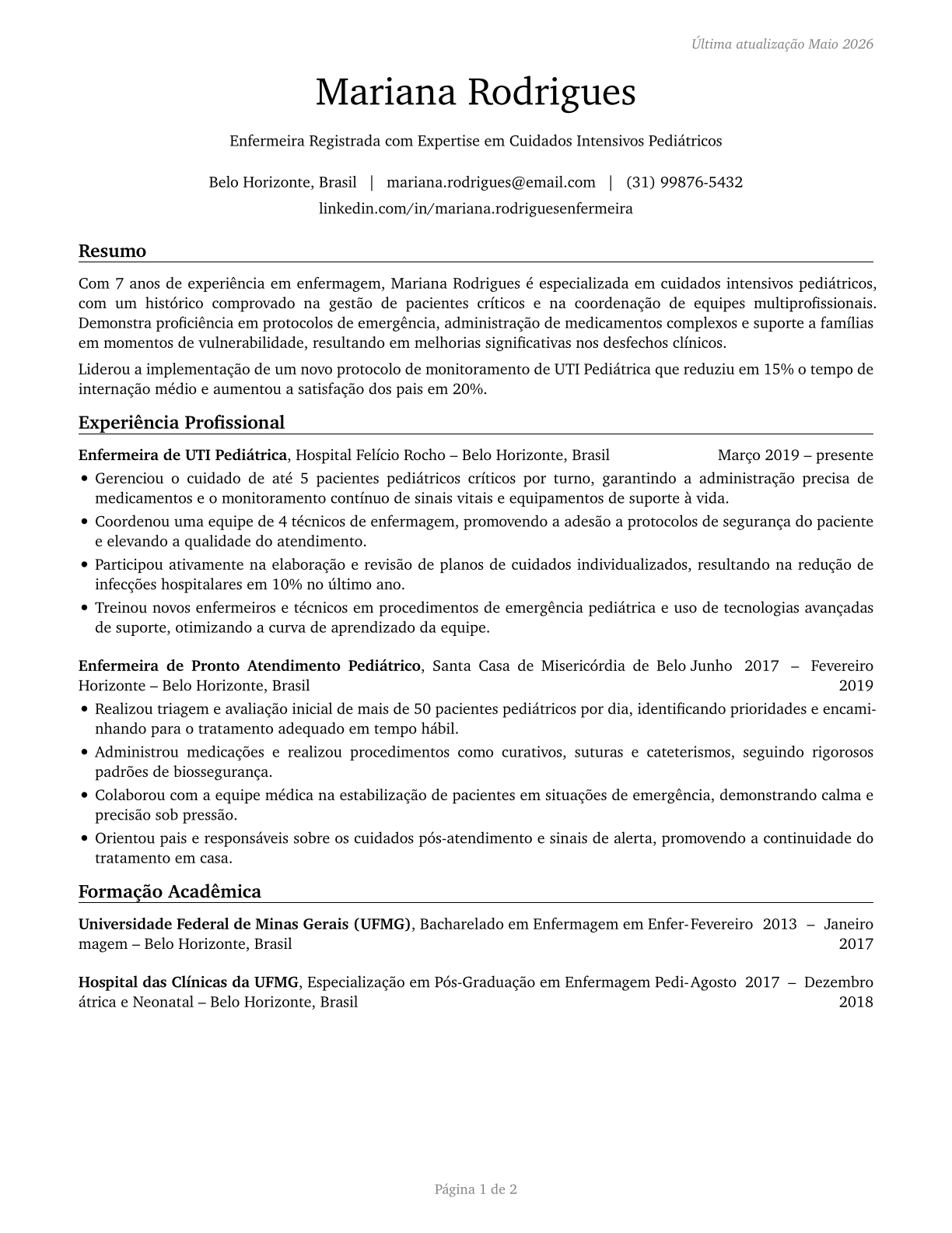 Registered Nurses CV in Portuguese — page 1