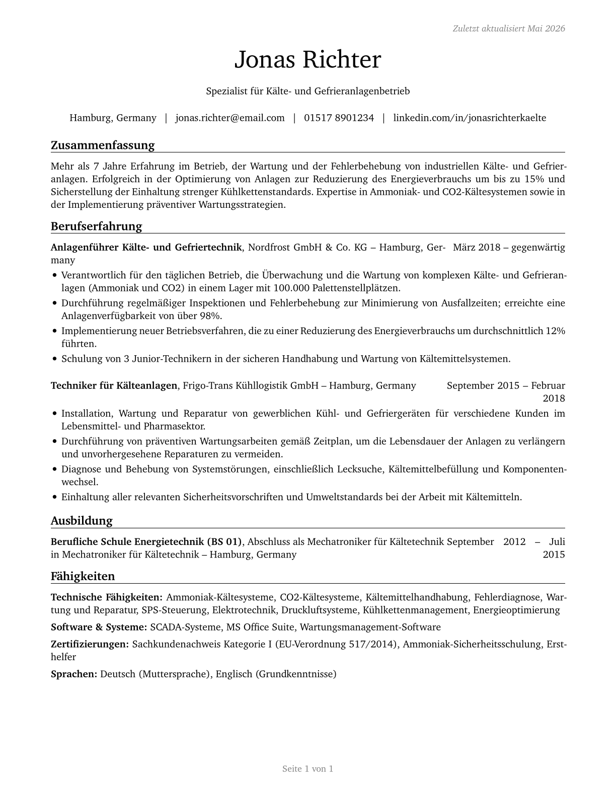 Cooling and Freezing Equipment Operators and Tenders CV in German — page 1