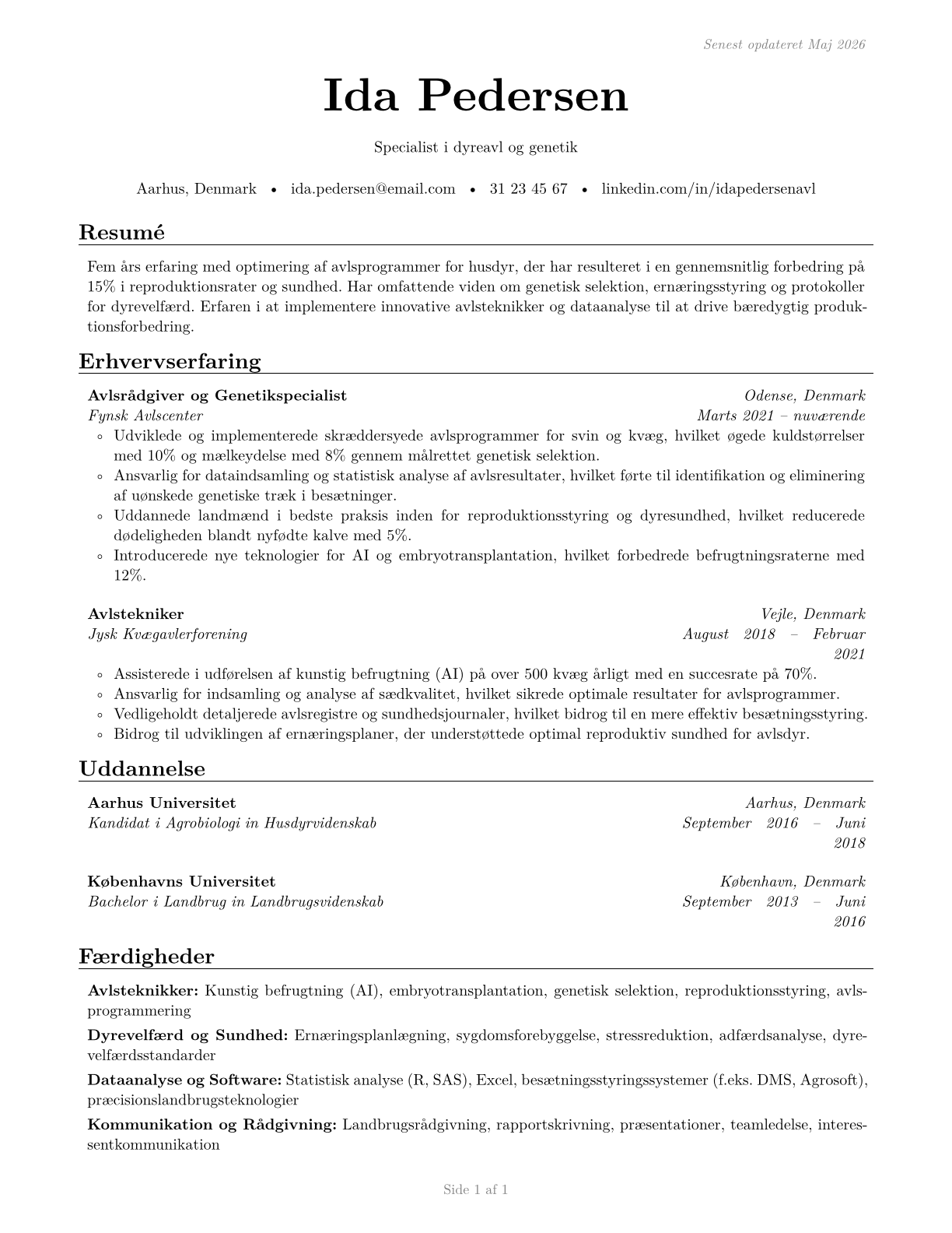 Animal Breeders CV in Danish — page 1