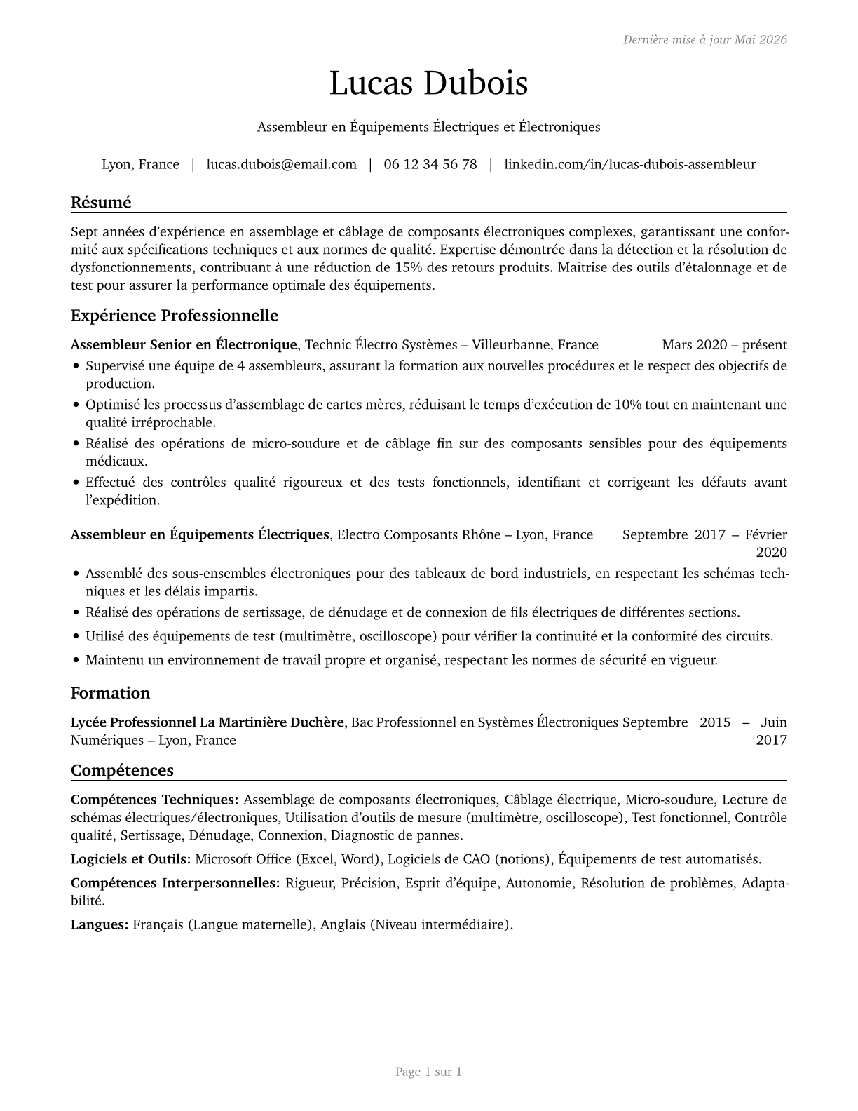 Electrical and Electronic Equipment Assemblers CV in French — page 1