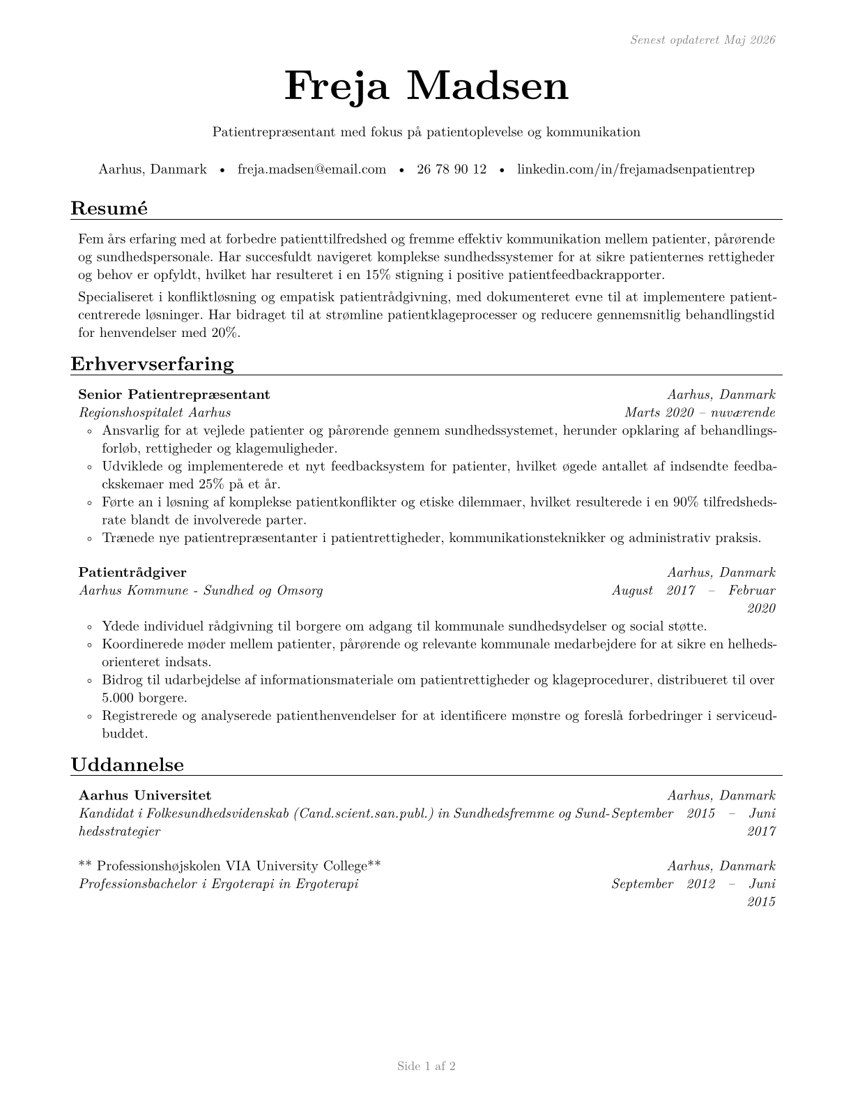 Patient Representatives CV in Danish — page 1