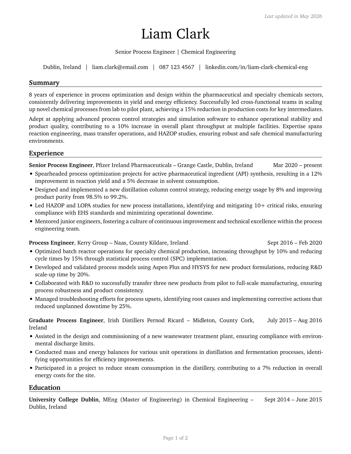Chemical Engineers CV in English — page 1