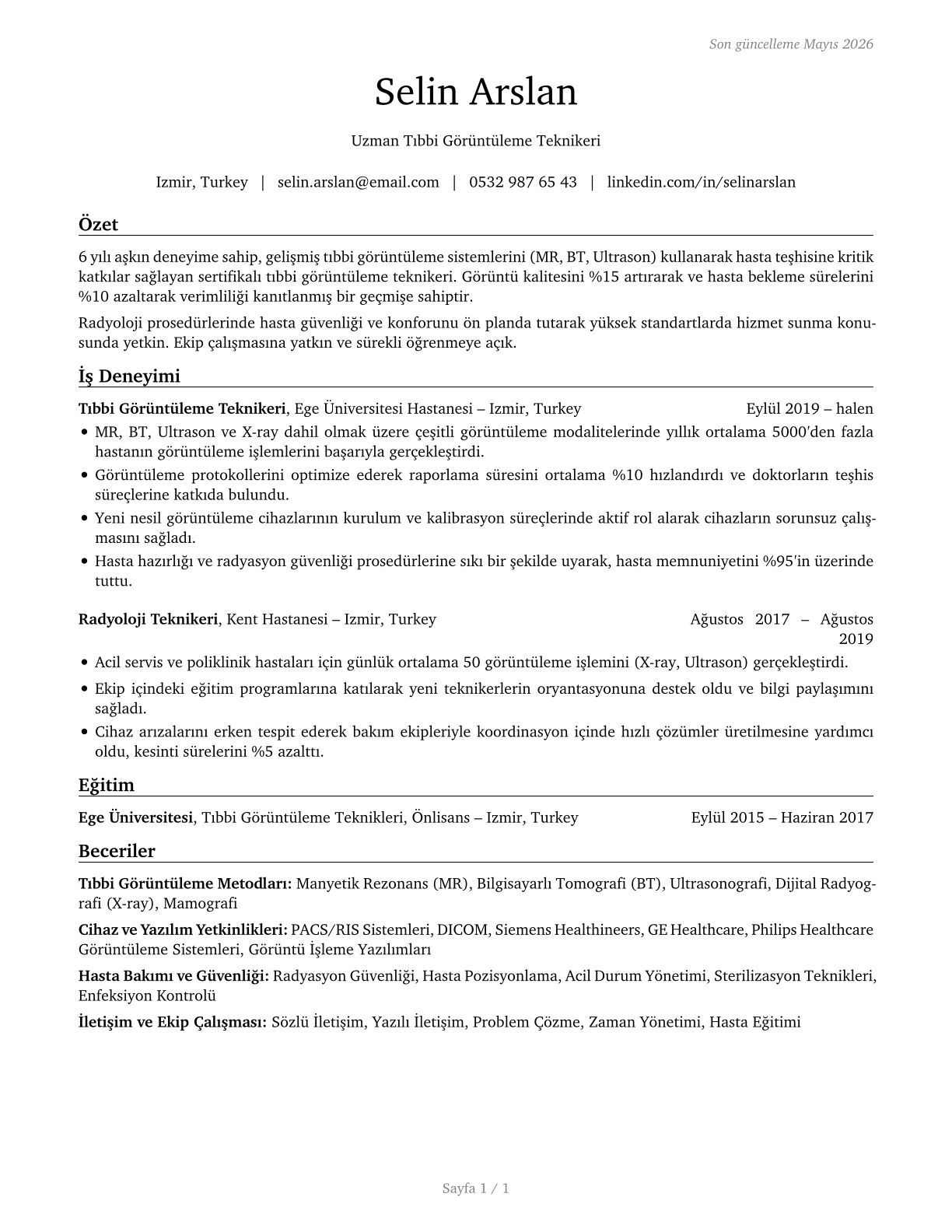 Health Technologists and Technicians, All Other CV in Turkish — page 1