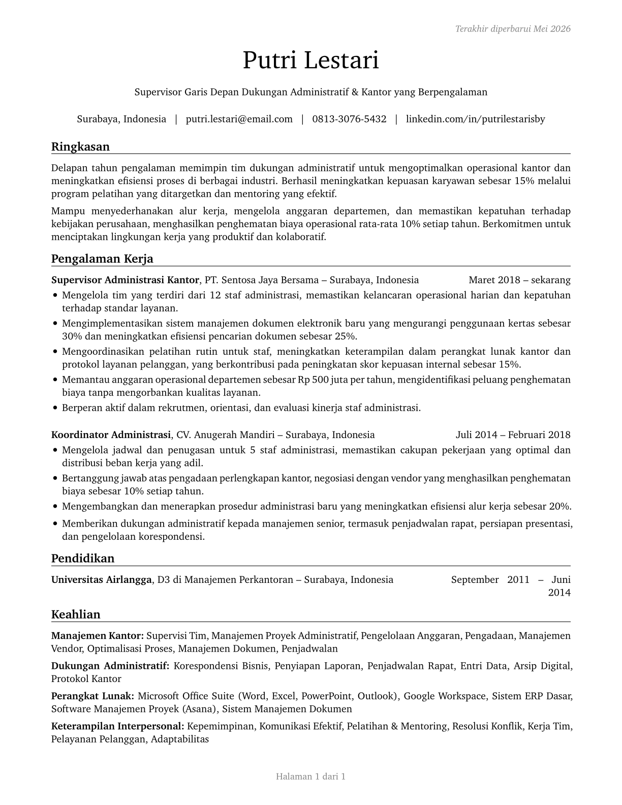 First-Line Supervisors of Office and Administrative Support Workers CV in Indonesian — page 1