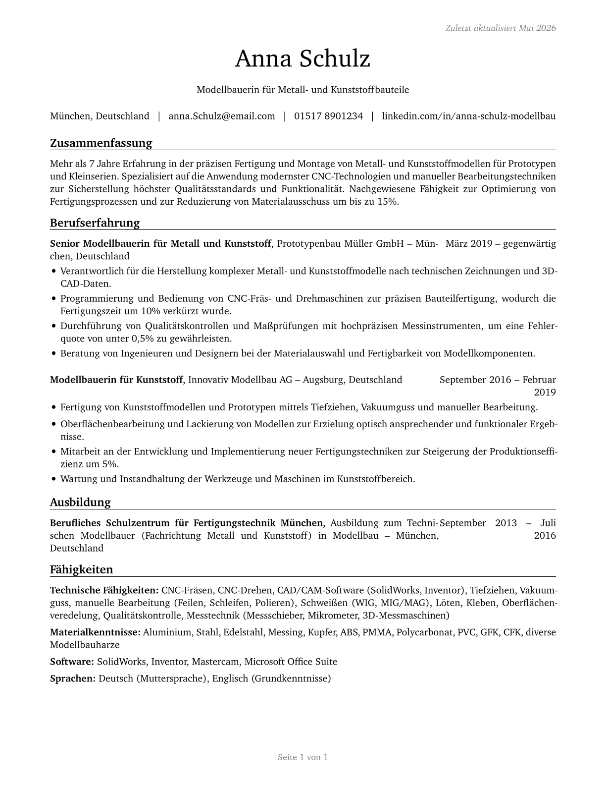 Model Makers, Metal and Plastic CV in German — page 1