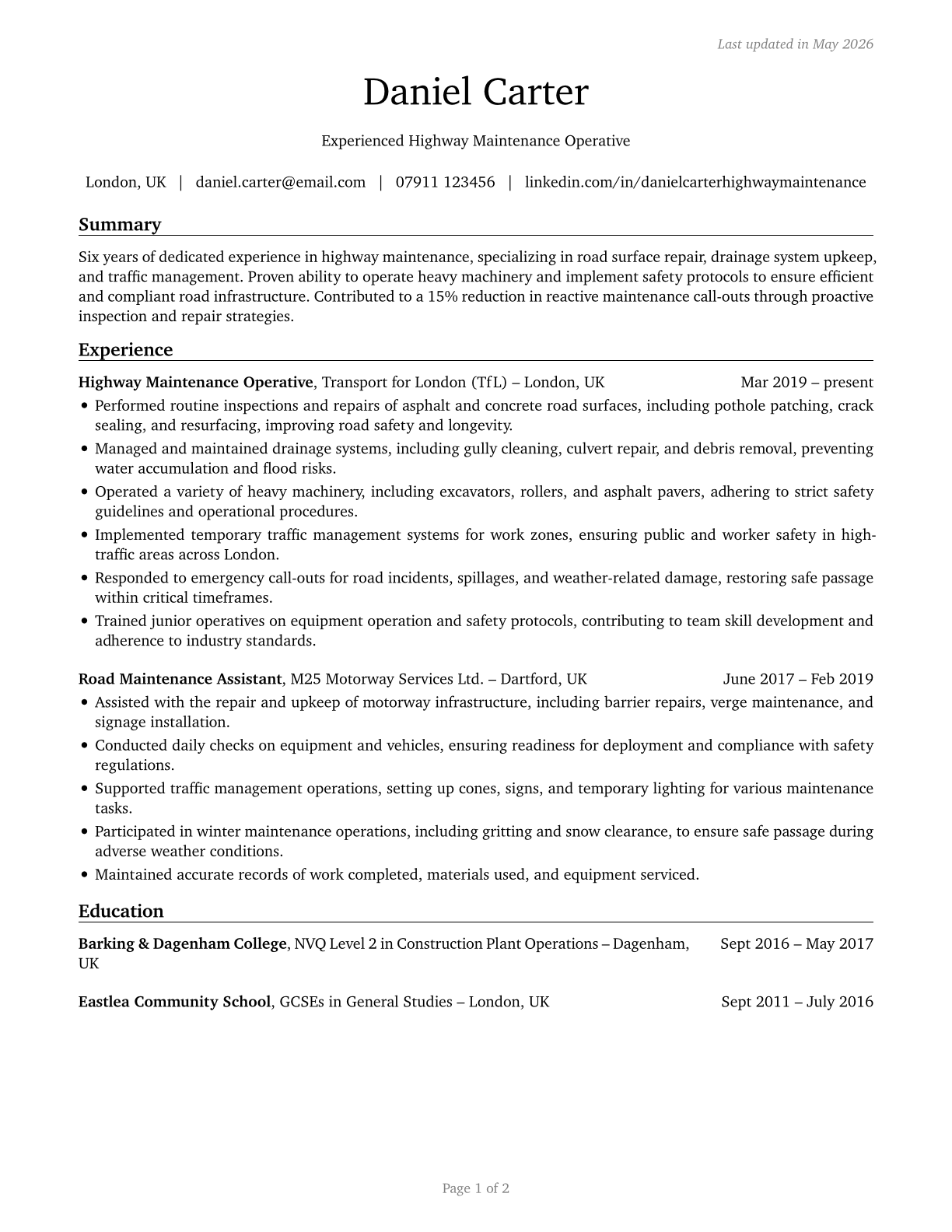 Highway Maintenance Workers CV in English — page 1