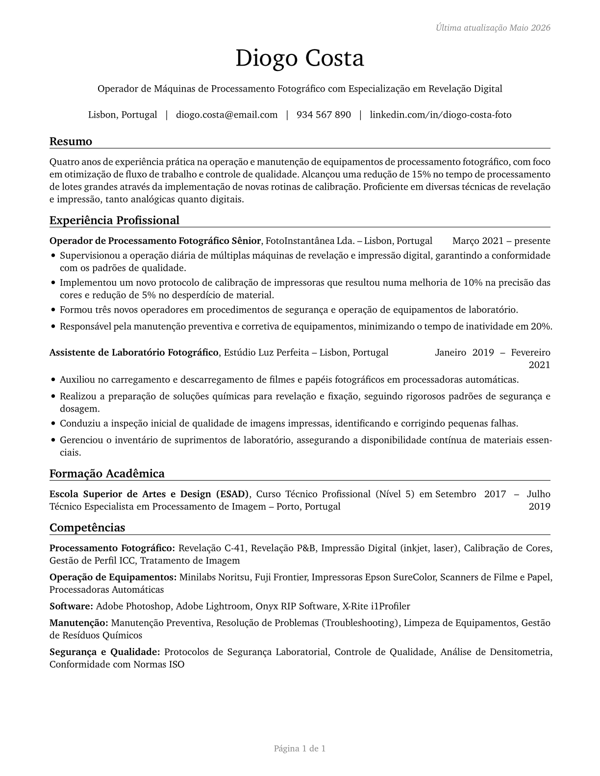 Photographic Process Workers and Processing Machine Operators CV in Portuguese — page 1