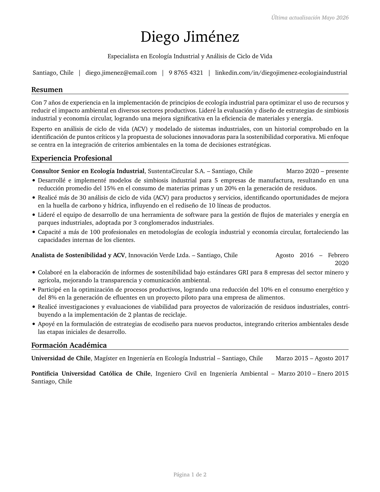 Industrial Ecologists CV in Spanish — page 1