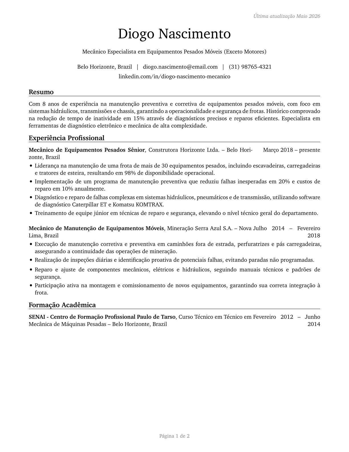 Mobile Heavy Equipment Mechanics, Except Engines CV in Portuguese — page 1