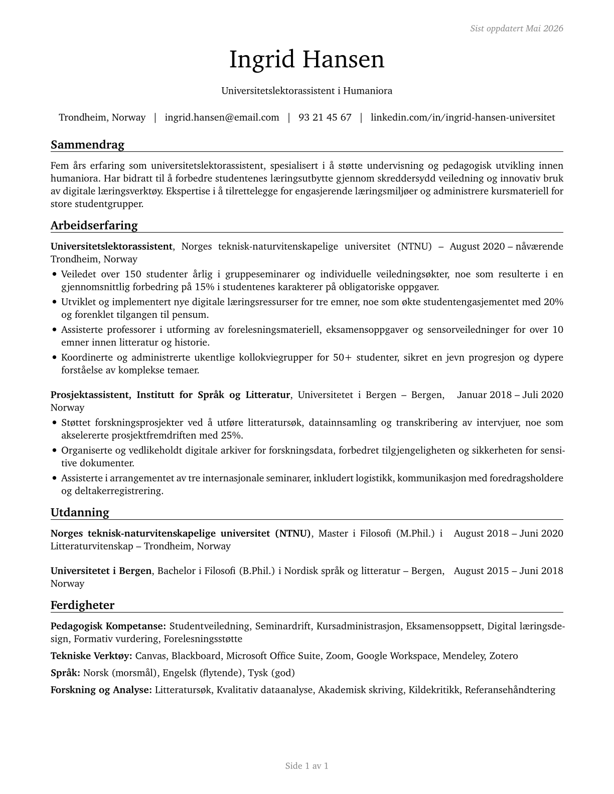 Teaching Assistants, Postsecondary CV in Norwegian_bokmal — page 1