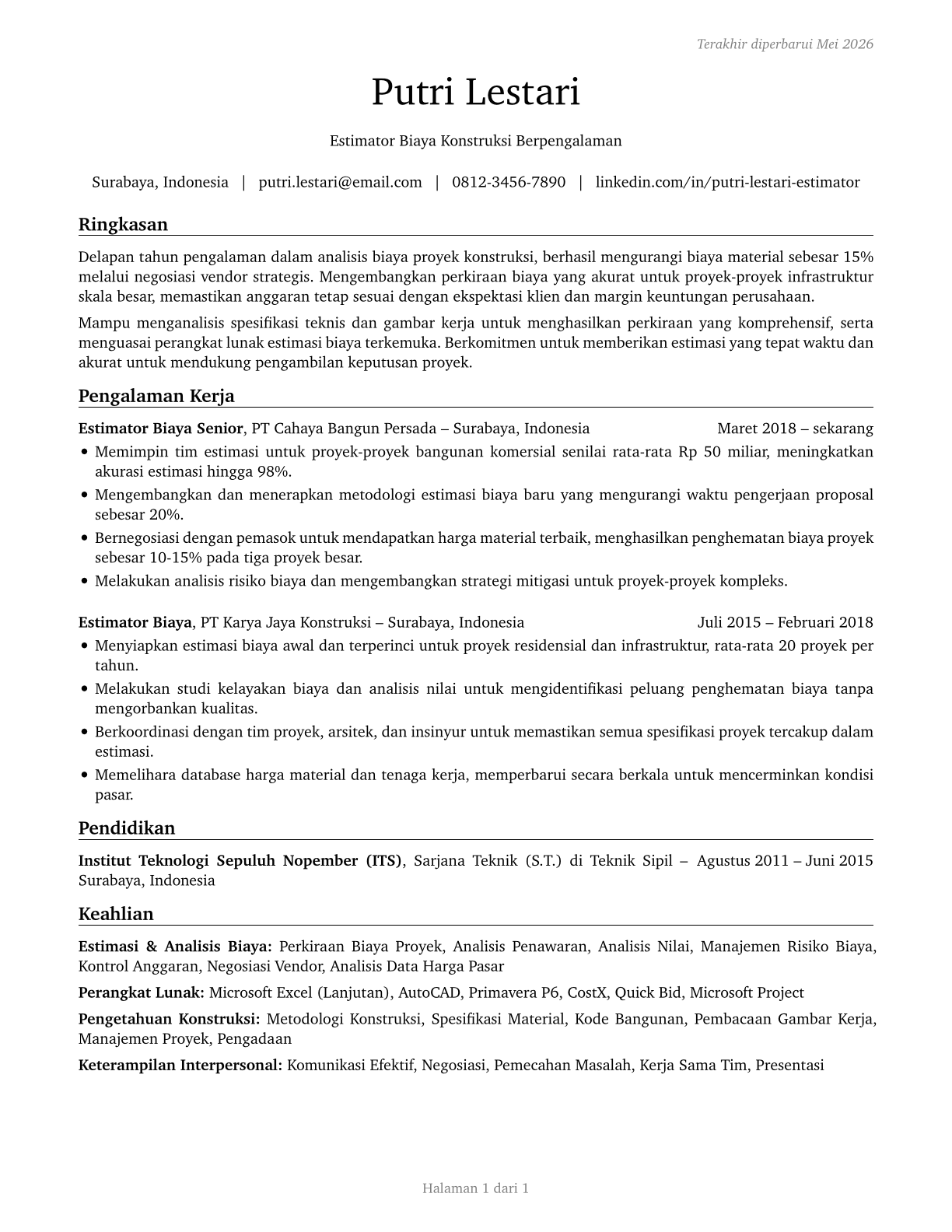 Cost Estimators CV in Indonesian — page 1