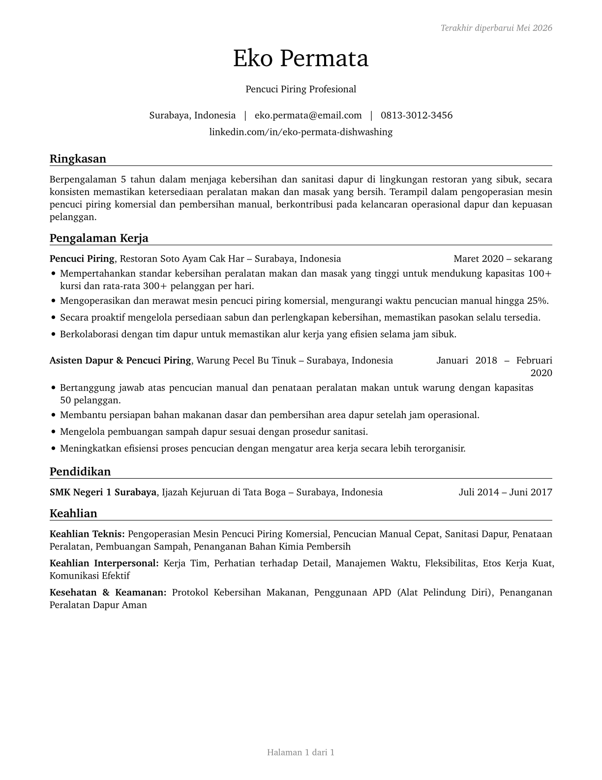 Dishwashers CV in Indonesian — page 1