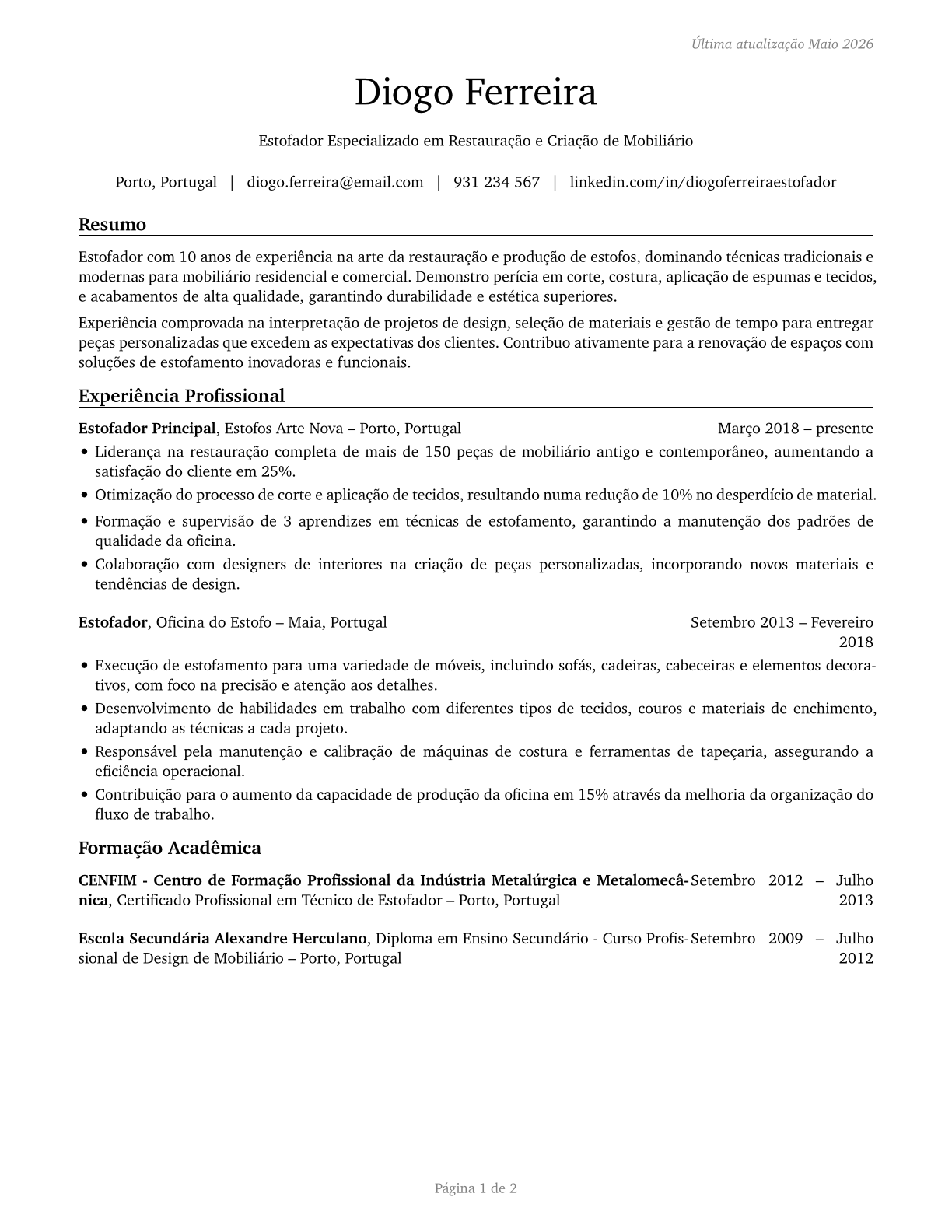 Upholsterers CV in Portuguese — page 1