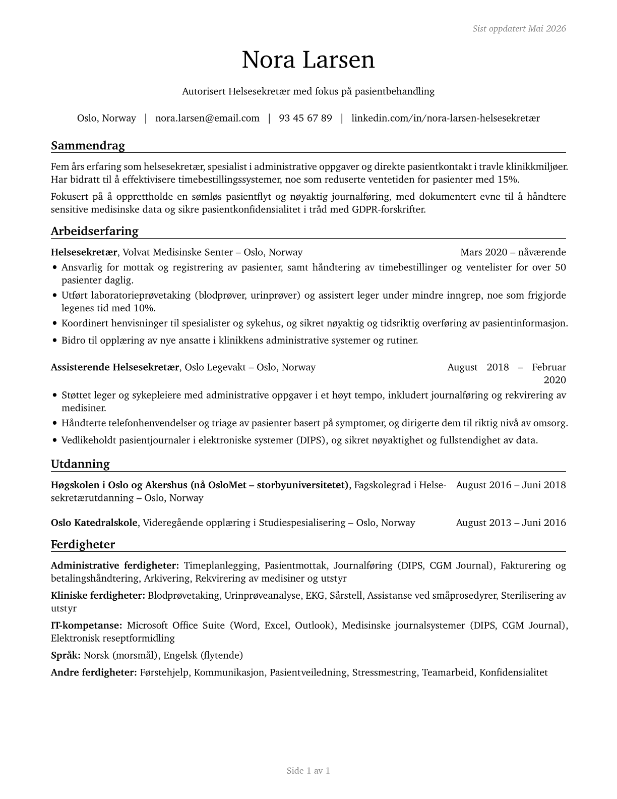 Medical Assistants CV in Norwegian_bokmal — page 1