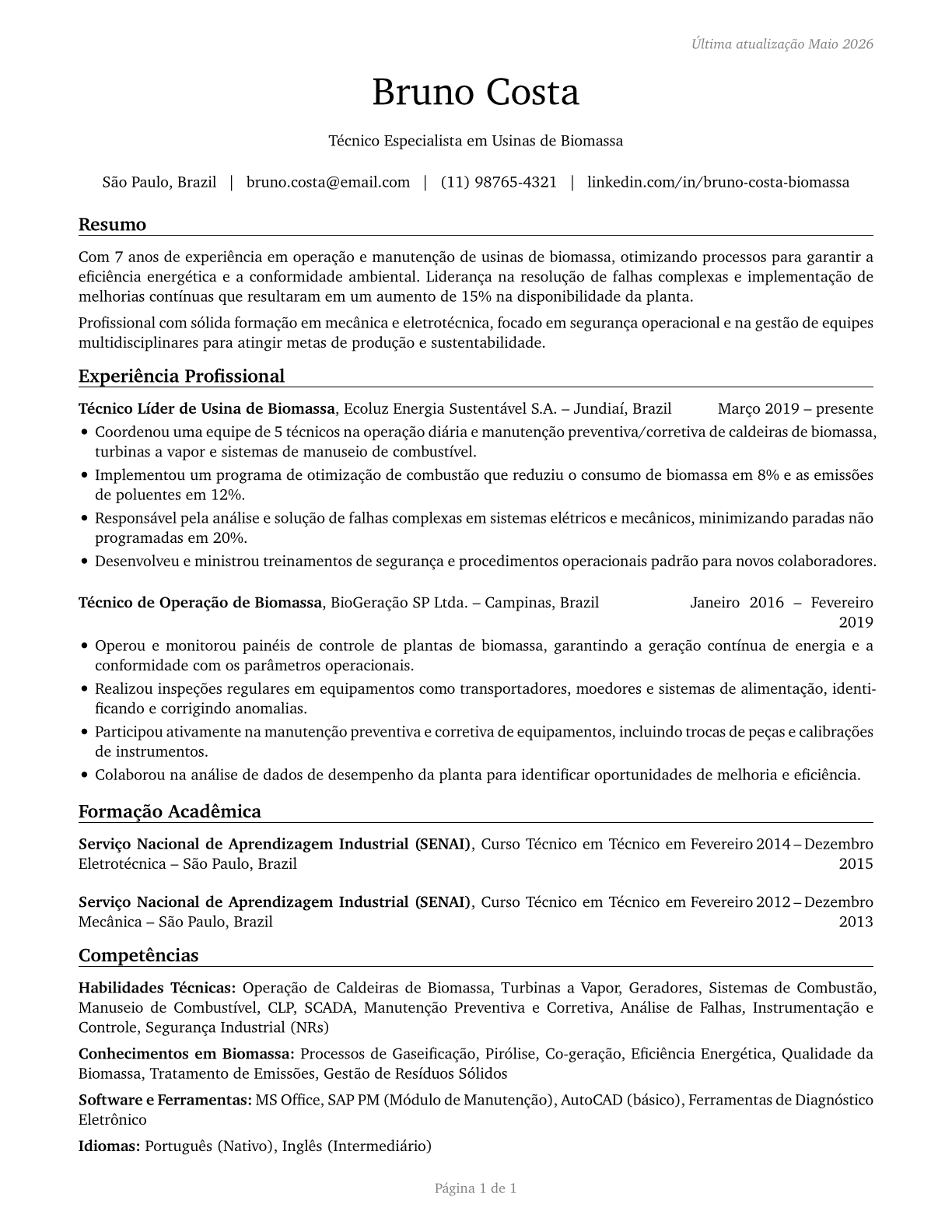 Biomass Plant Technicians CV in Portuguese — page 1