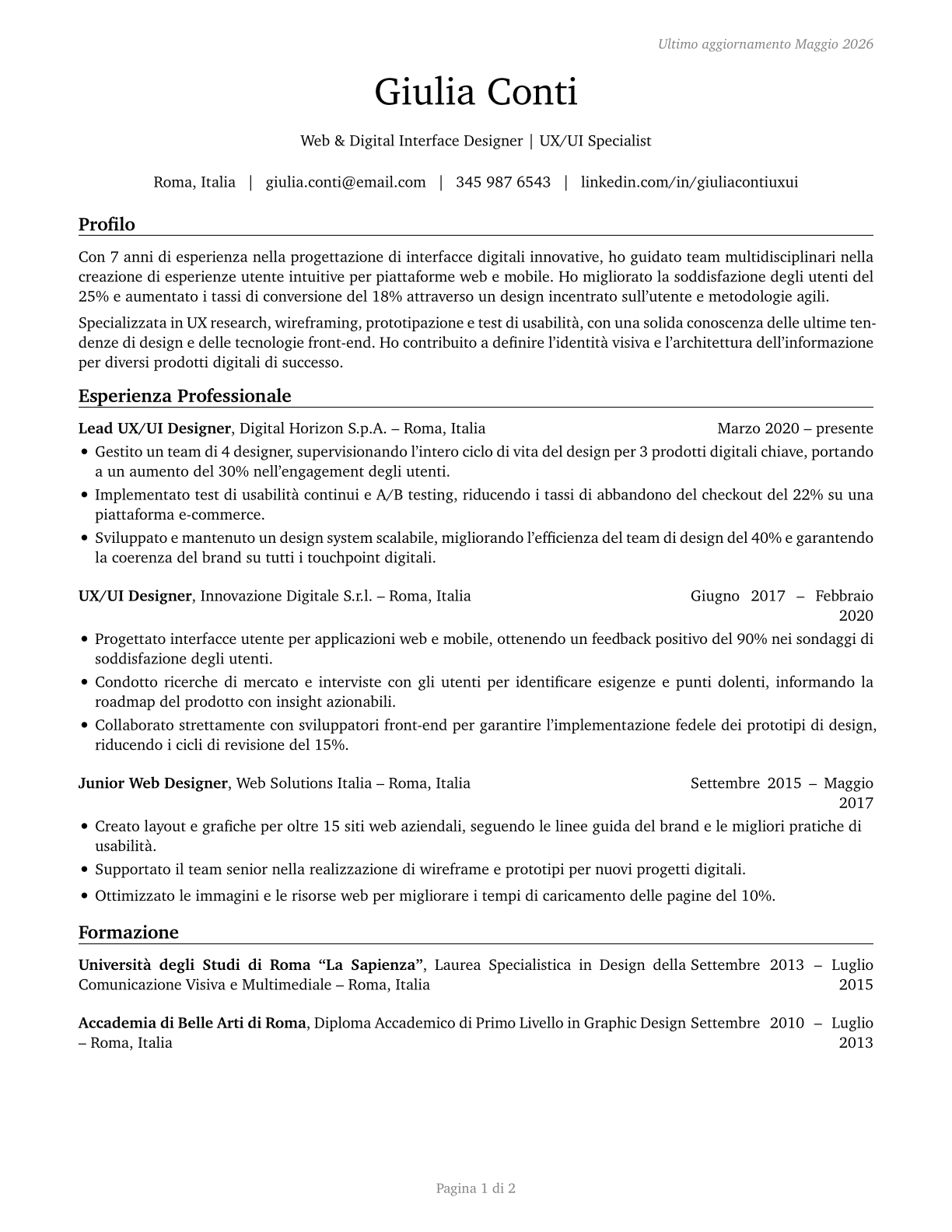 Web and Digital Interface Designers CV in Italian — page 1